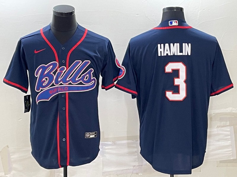 Men's Buffalo Bills #3 Damar Hamlin Navy With Patch Cool Base Stitched Baseball Jersey